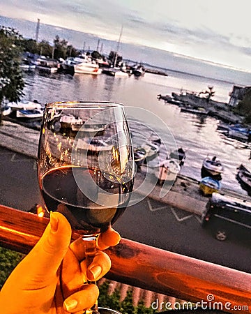 Wine drink sunset redwine boat Stock Photo