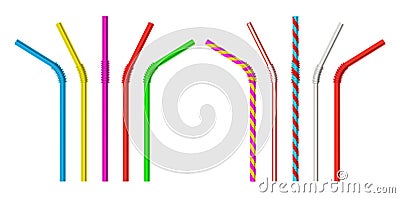 Drinking straw. Realistic classic plastic striped and colorful direct and bended drinking straws isolated objects 3d Vector Illustration