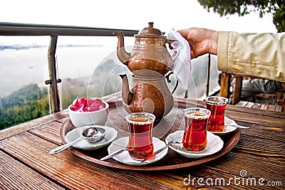 Drinking Traditional Turkish Tea With Friends Stock Photo