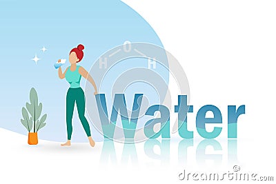 Drinking water benefits and H2O molecular structure. Woman drinking bottle of water after exercising for refreshment and skin Stock Photo