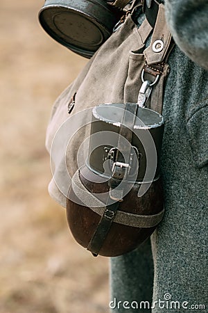 Drinking water bottle at the waist of a German soldier Editorial Stock Photo