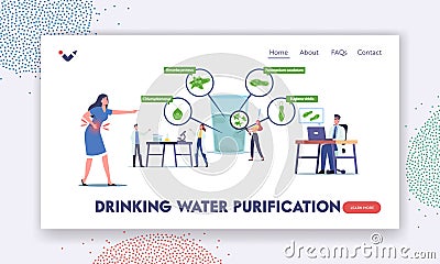 Drinking Water Purification Landing Page Template. Tiny Scientists Characters in Laboratory Learn Protozoa Unicellularin Vector Illustration