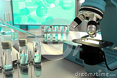 Lab test-tubes in medical research clinic - potable water quality test for bacteria concept, medical 3D illustration Cartoon Illustration