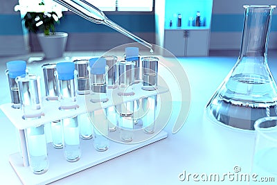 Drinking water quality test for viruses like covid-2019 concept - lab test-tubes in modern science research clinic, medical 3D Cartoon Illustration