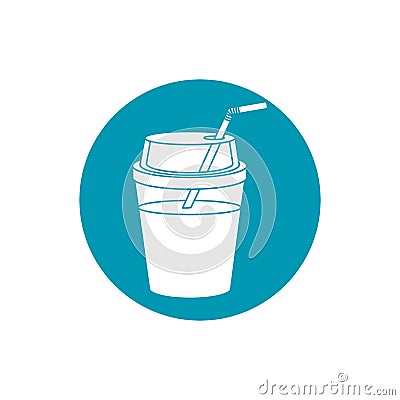 Drinks cold refresh plastic cup with straw blue block style icon Vector Illustration