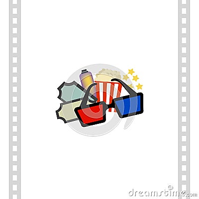 Popcorn, drink and tickets. 3D glasses. Cinema symbols. Vector illustration. EPS 10. Cartoon Illustration