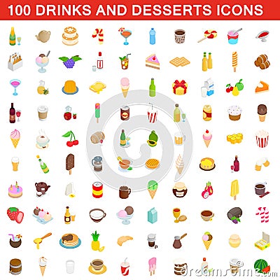 100 drinks and desserts icons set, isometric style Cartoon Illustration