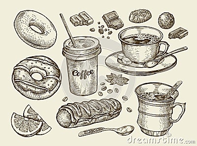 Drinks and food. Hand drawn coffee, tea, cup, dessert, candy, chocolate, eclair, cake, doughnut, donut. Sketch vector Vector Illustration