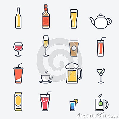 Drinks Icons Set. Trendy Thin Line Design with Flat Elements. Vector Illustration
