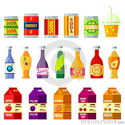 Drinks and juices, bottles, packs flat icons Vector Illustration