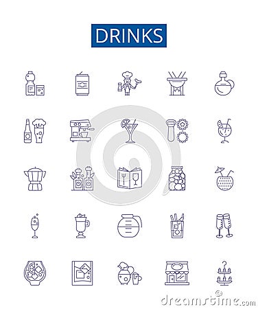 Drinks line icons signs set. Design collection of Beverages, Juice, Soda, Martini, Smoothie, Cocktail, Coffee, Beer Vector Illustration