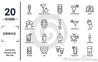 drinks linear icon set. includes thin line absinthe, brindis with wine glasses, fresh soda with lemon slice and straw, soft drink Vector Illustration