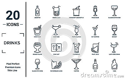 drinks linear icon set. includes thin line absinthe, irish sour, brandy glass, glass with wine, tuba, tropical itch, last word Vector Illustration