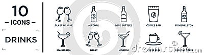 drinks linear icon set. includes thin line glass of wine, wine bottles, fish skeleton, toast, espresso, sidecar drink, margarita Vector Illustration