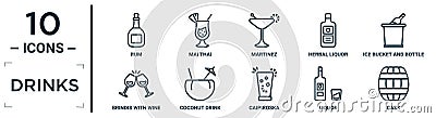 drinks linear icon set. includes thin line rum, martinez, ice bucket and bottle, coconut drink, liquor, cask, brindis with wine Vector Illustration