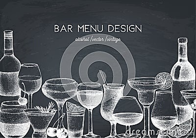 Vector design with hand drawn drinks illustration. Vintage beverages sketch background. Retro template isolated on chalkboard. Res Cartoon Illustration