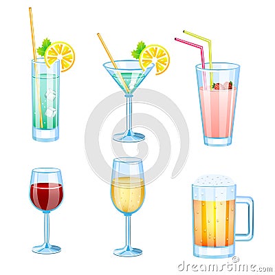 Drinks set with different beers and cocktails. Vector Illustration