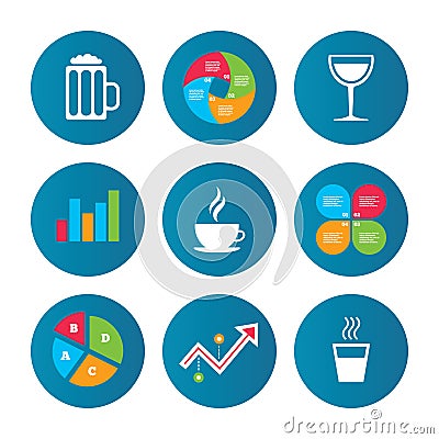 Drinks signs. Coffee cup, glass of beer icons. Vector Illustration