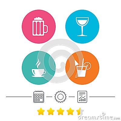 Drinks signs. Coffee cup, glass of beer icons. Vector Illustration