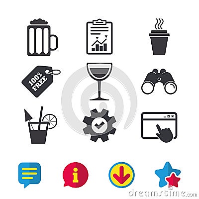 Drinks signs. Coffee cup, glass of beer icons. Vector Illustration