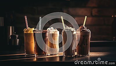 Drinks on table cocktails, coffee, soda, whiskey, milkshake, in a row generated by AI Stock Photo