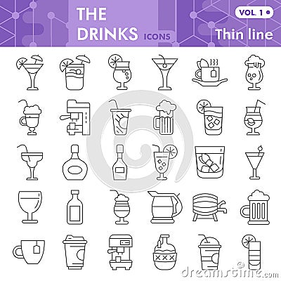 Drinks thin line icon set, beverage symbols collection or sketches. Alcohol drinks signs for web, linear style pictogram Vector Illustration