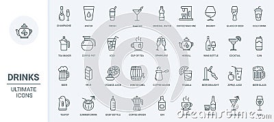 Drinks thin line icons set, cold water, menu with cocktails or juice and hot drinks Vector Illustration