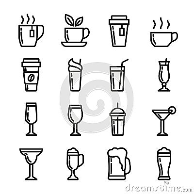 Drinks vector icons set. Contains icons cup of tea, coffee, glass for beer, wine, cocktail and alcohol. 48x48 pixels Vector Illustration