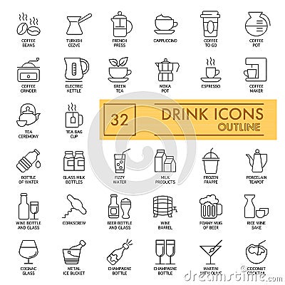 Drinks vector icons set. Simple flat illustrations on white. Coffee and alcohol drinks. Outline design. eps 10 Vector Illustration