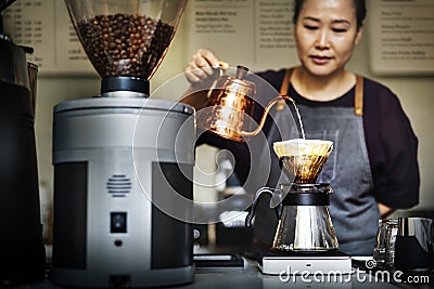 Drip Brew Pouring Coffee Cafe Barista Apron Concept Stock Photo