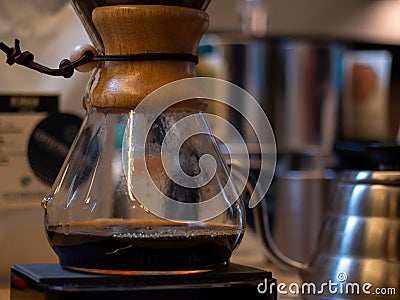 A drip coffee jug. Inside there is freshly made coffee Stock Photo