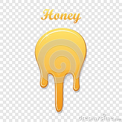 Drip honey syrup, isolated white transparent background. 3D liquid. Gold drop liquid design. Splash caramel product Vector Illustration