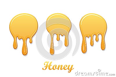 Drip honey syrup set, isolated white background. 3D liquid. Gold drop liquid design. Splash caramel product. Golden Vector Illustration