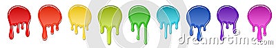 Drip paint spot 3D set isolated white background. Rainbow blob ink splash. Splatter stain texture. Dribble down design Vector Illustration