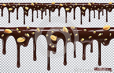 Dripping chocolate with peanut nuts. Melt drip. 3d vector, seamless pattern Vector Illustration