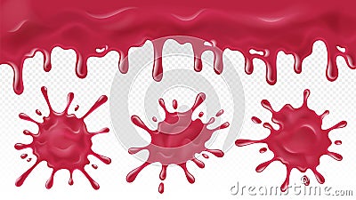 Dripping jam. Sweets berries sauce, delicious raspberry healthy dessert. Pink glaze or candy liquid cream background Vector Illustration