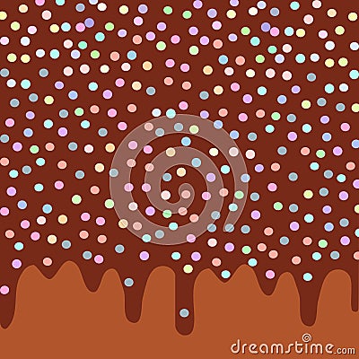 Dripping Melted chocolate Glaze with sprinkles. Brown background for your text. Vector Vector Illustration