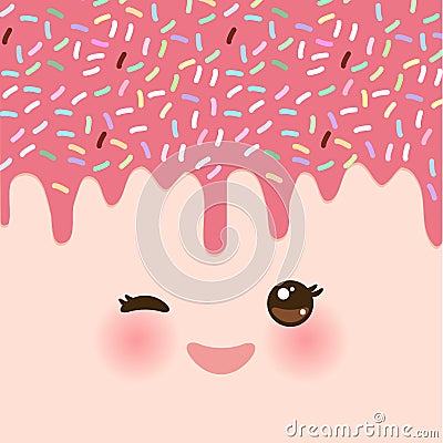 Dripping Melted pink raspberry strawberry Glaze with sprinkles. Kawaii cute face with eyes and smile. pink background for your tex Vector Illustration