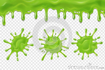 Dripping slime. Green dirt splat, goo dripping splodges of slime. Halloween ooze, mucus vector set Vector Illustration