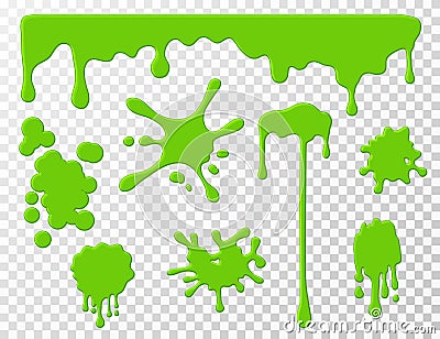 Dripping slime. Green goo dripping liquid snot, blots and splashes. Cartoon slime splodges vector set Vector Illustration