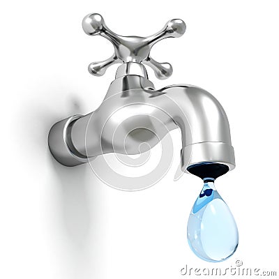 Dripping tap with drop on white background Stock Photo