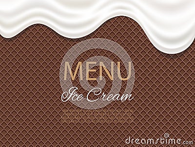 Dripping white ice cream flowing over waffle texture background. Stock Photo