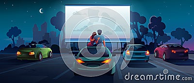 Drive cinema or car movie theater and auto theatre Vector Illustration