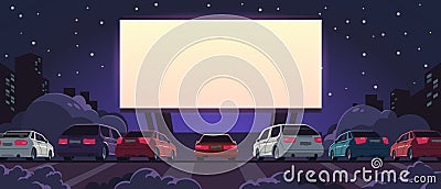 Drive-in cinema. Open space auto theater with cartoon glowing white screen and car parking, outdoor movie at night Vector Illustration