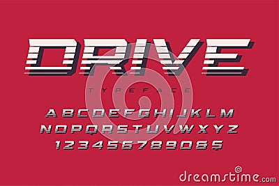 Drive display font design, alphabet, typeface, letters and numbe Vector Illustration