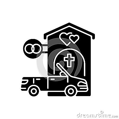 Drive through marriage chapel black glyph icon Vector Illustration