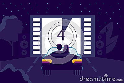 Drive-in movie theater with open air parking flat style Vector Illustration