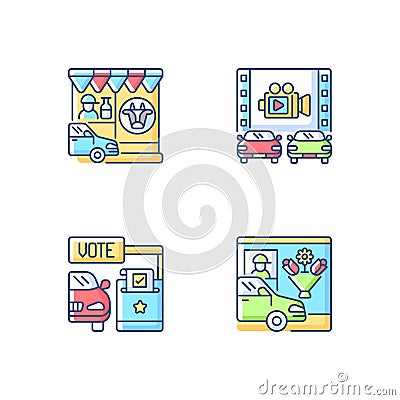 Drive in services RGB color icons set Vector Illustration