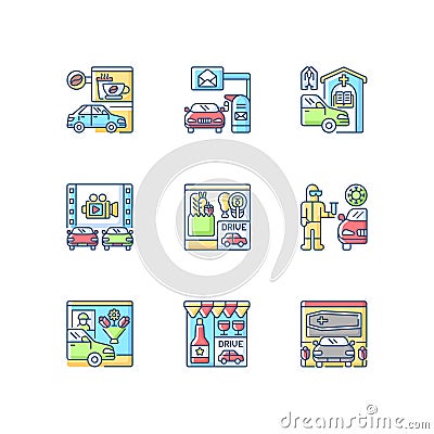 Drive in services RGB color icons set Vector Illustration