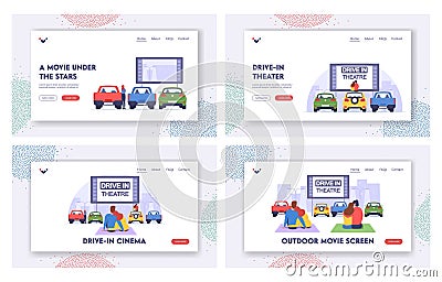 Drive-in Theater Landing Page Template Set. Couple at Car Cinema Romantic Dating, Automobiles Stand in Open Air Parking Vector Illustration